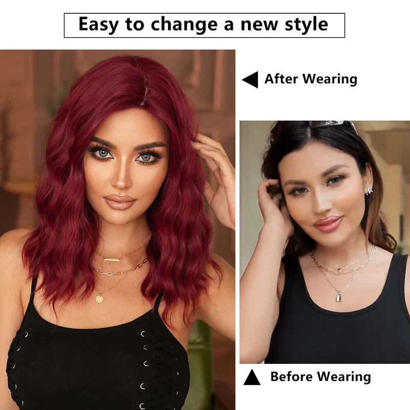 Burgundy Purple Red Short Curly Wig Water Wave Bob Synthetic Wig Heat Resistant