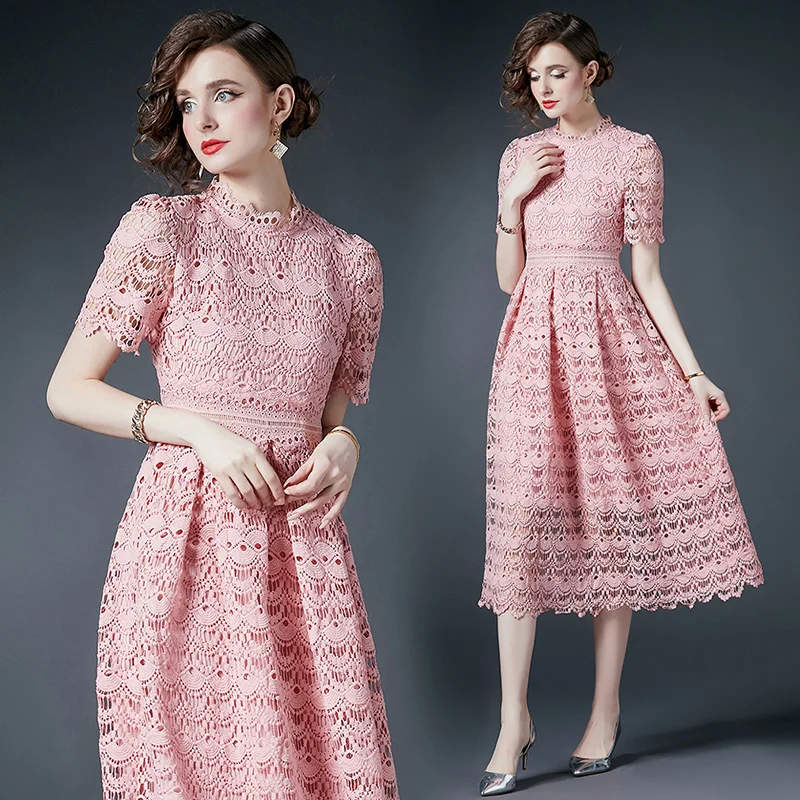 

Women Long Dress 2024 Fashion Knitted Embroidery Lace Short Sleeve Print Stand Neck Hollow Out Pink Dresses