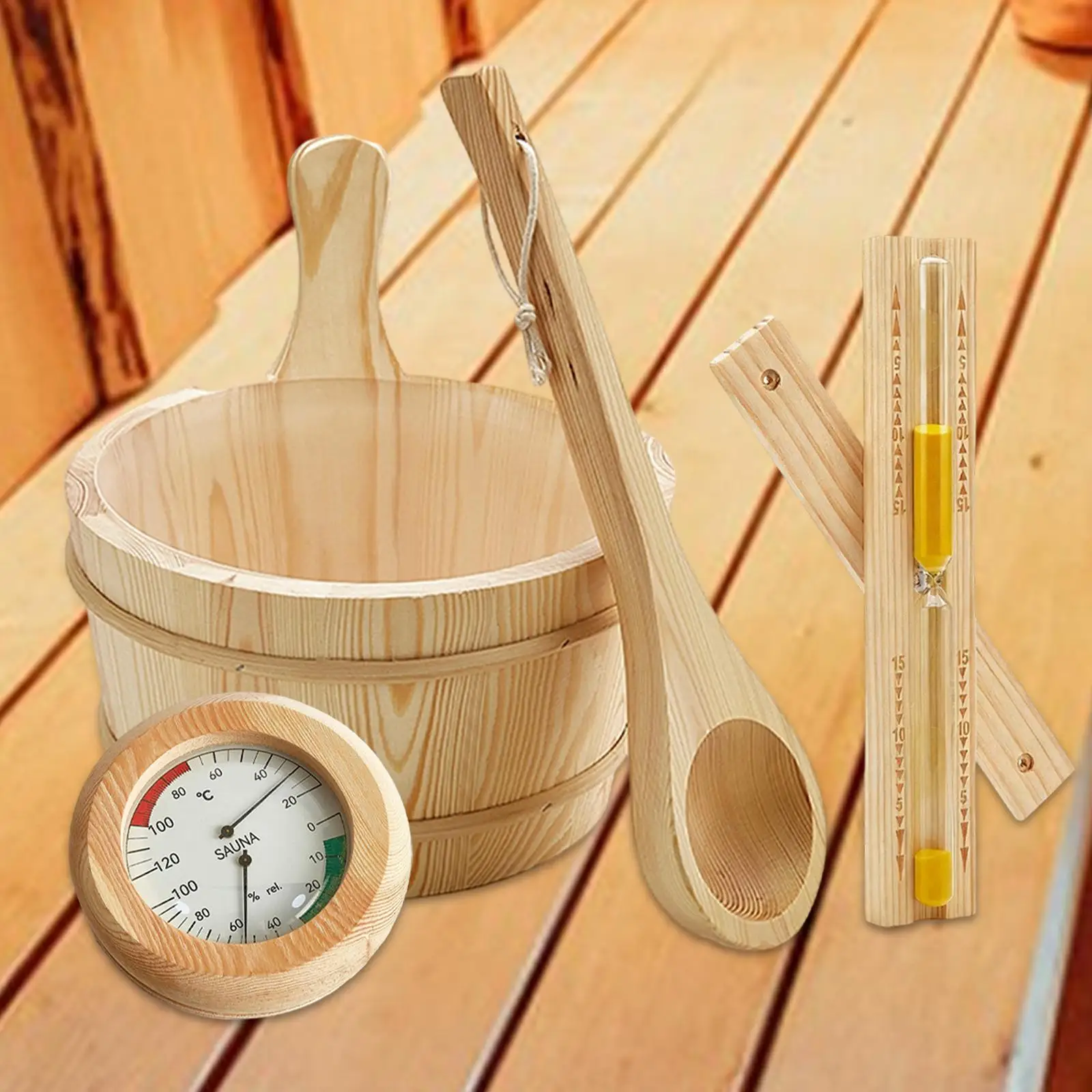Sauna Equipment Set 4L Wooden Bucket Wear Resistant Ladle Thermometer Hourglass for Steam Spa