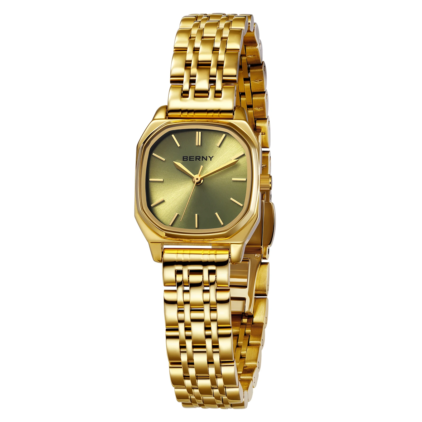 BERNY Square Gold Watch for Women Olive Green Dial Irregular Quartz Women's Watches Stainless Steel Ladies Waterproof Wristwatch