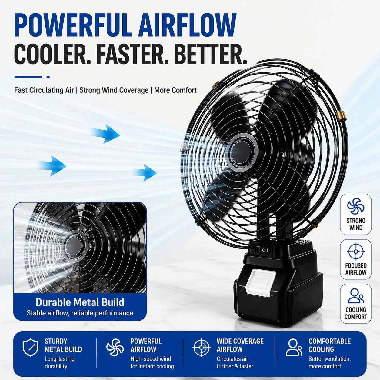 8-inch two-speed metal fan compatible with Makita batteries, suitable for outdoor camping, construction sites, and home use,