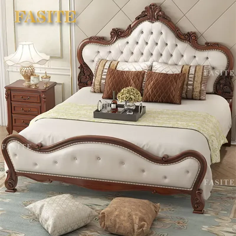 American Antique Soft Solid Wood Leather Double Bed With Handmade Carving B442