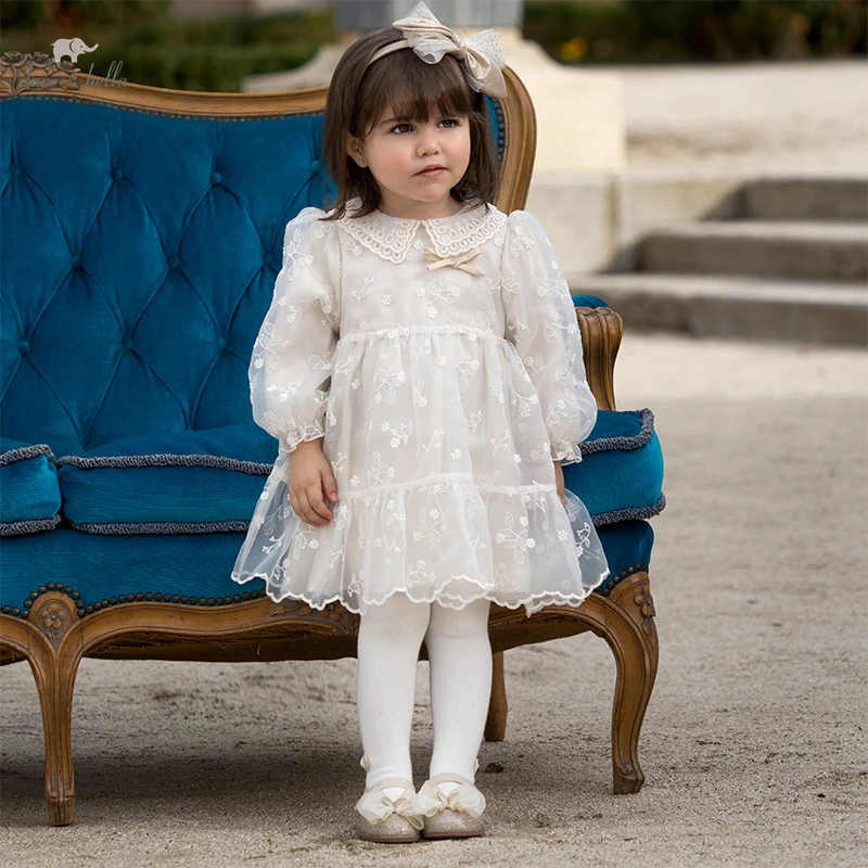 Dave Bella Spring New Baby Dress Long Sleeve Girl Princess Dress Birthday Party Dress Beige Embroidery Dress DB1230351