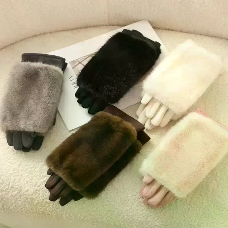 المرأة الخريف والشتاء قفازات فرو الأرنب زائد المخملية سميكة يندبروف ودافئة ركوب الباردة واقية شاشة تعمل باللمس قفازات من جلد الغزال #2