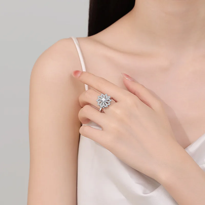 Woman Anxiety Relaxing Ring Multiple Crystal Sunflower Snowflake Knuckle Rings Anti Stress Jewelry Girls Rotating Gift
