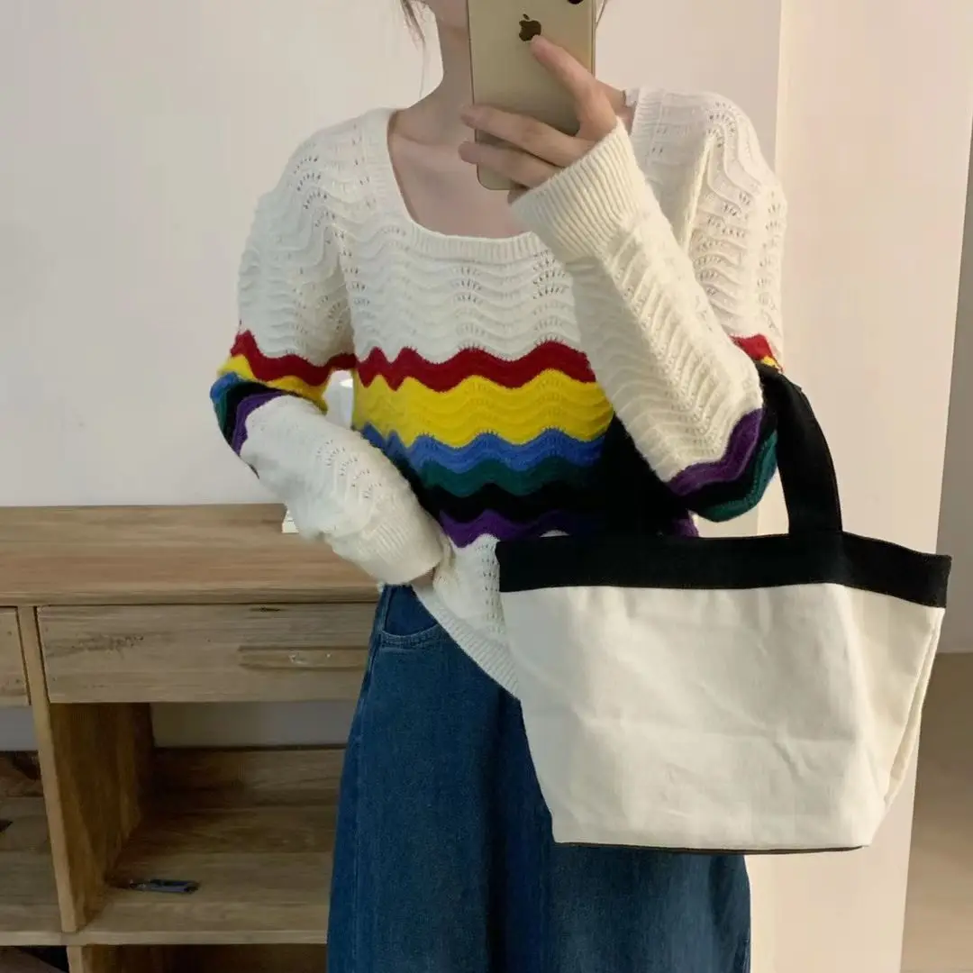 

Hsa New Rainbow Striped Pullover Sweater 2023 Square Collar Knitted Loose Versatile Girls Sweet Knitwear Long Sleeve Chic Top