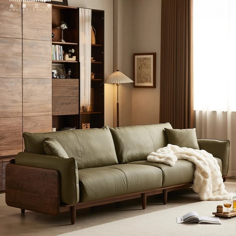 

North American black walnut sofa fabric solid wood retro small apartment living room leather sofa log straight row four people