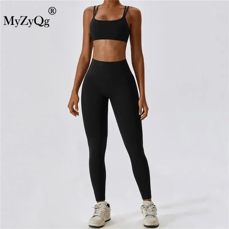 MyZyQg Women Yoga Two-piece Set Tight Cross Beauty Back Quick Dry Running Underwear Fitness Gym Pilate Vest Pant Suit Sportswear