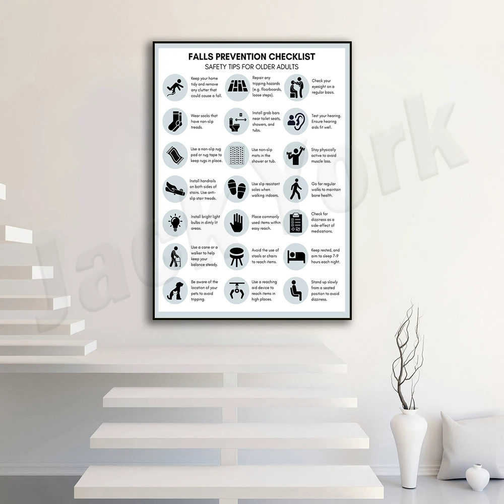 قائمة مرجعية لمنع السقوط، ورقة أطراف إصابة السقوط، التعليم الصحي لكبار السن، كبار السن، التمريض، ملصق العلاج المهني