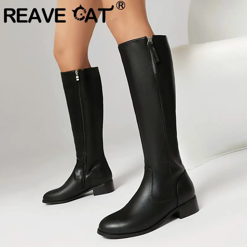 REAVE CAT 2026 New Women Knee High Boots Round Toe Mid Heels 3.5cm Zipper Plus Size 45 46 47 48 Fashion Dating Female Booties