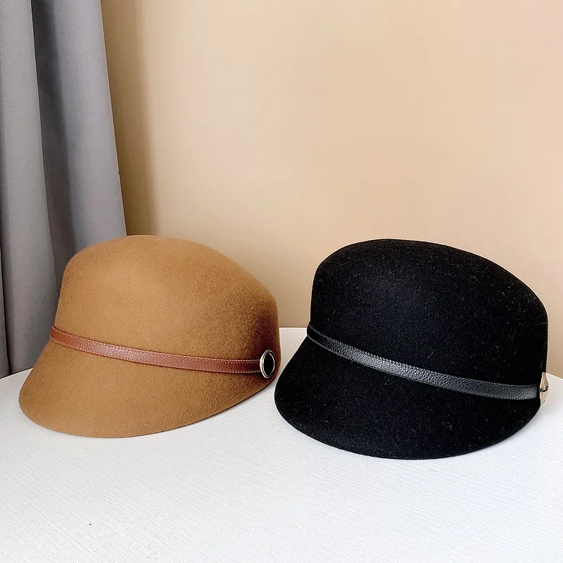 Japanese Fashion New PU Belt Decorative Wool Equestrian Hats For Women Autumn Winter Ladies Vintage Fedora Cap Fitted Hat Visor