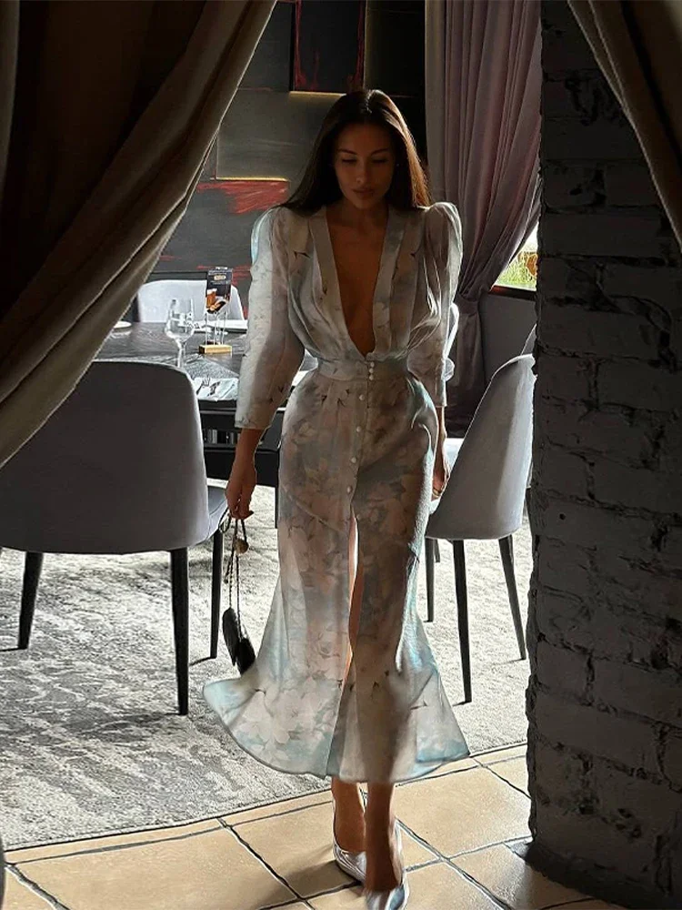 

Woman Floral V-neck Wrist Maxi Dresses Sexy Elegant Party Ladies Single Breasted Thin Slim Fit Vestidos Summer Fashion Robes