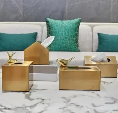 European Luxury Brass Color Tissue Box Geometric Animal Type Storage Canister Living Room Modern Home Decor