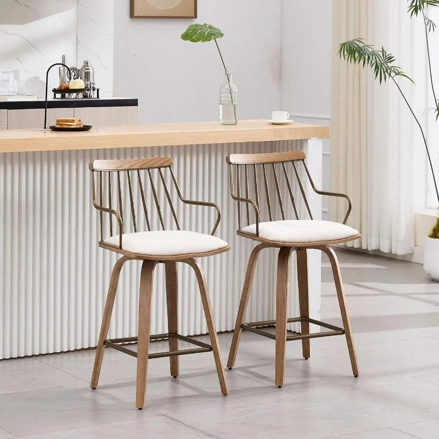Swivel Counter Height Bar Stools Set of 2 26 MidCentury Modern Counter Stools with Spindle Back Arms Bentwood Frame Upholstere