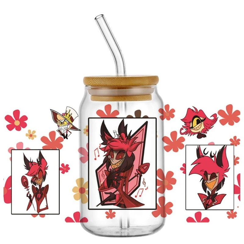 جديد فندق Hazbin نمط Uv Dtf كأس التفاف نقل ملصقات ثلاثية الأبعاد تسميات شعار ل 16 أوقية بهلوان الزجاج يمكن ذاتية اللصق مقاوم للماء