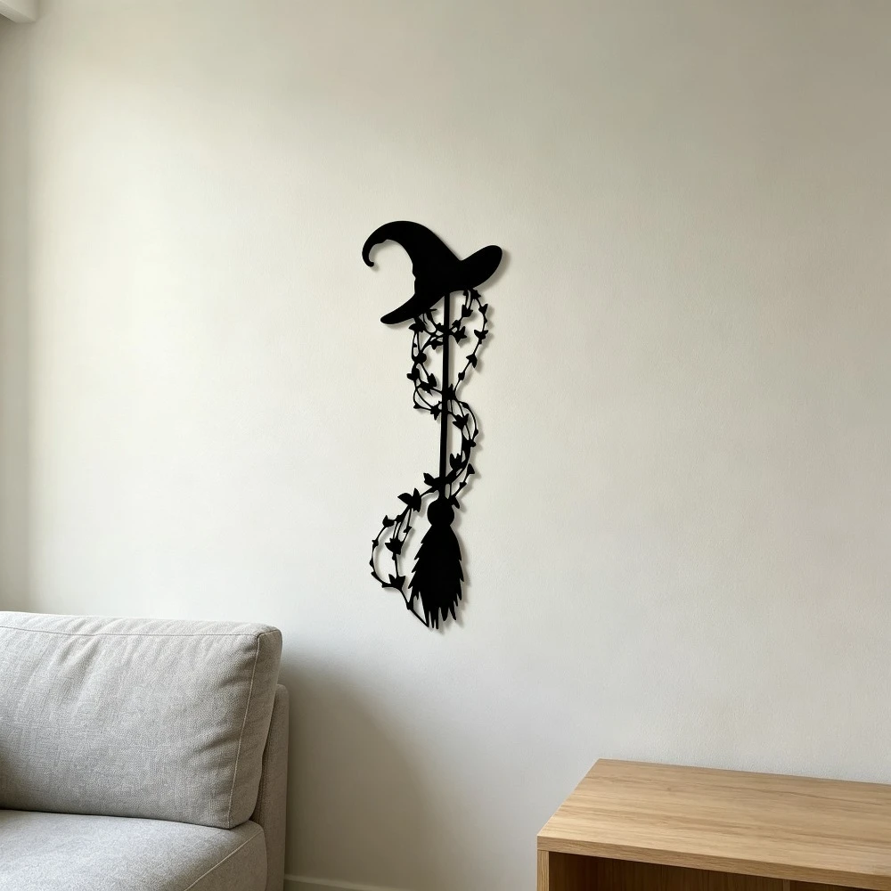 CIFBUY Iron Wall Art Witch Hat Broom Metal Sculpture Hanging Plaque Rustproof Home Gothic Decor Ornament Accent