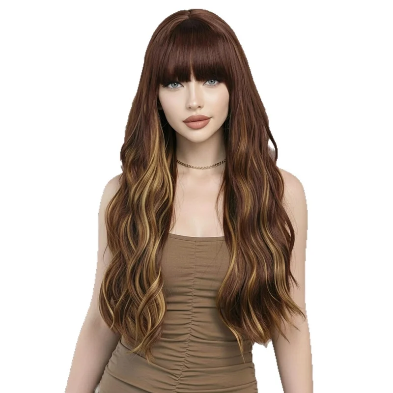 European and American style fashionable women's wig with large waves, brown blonde highlights, ladies' headpiece, high-temperatu