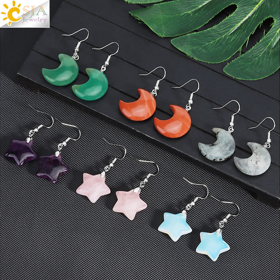 CSJA Natural Stone Crescent Moon Drop Earrings Women Healing Star Pendant Pink Quartz Crystal Hook Earring Vintage Jewelry H388