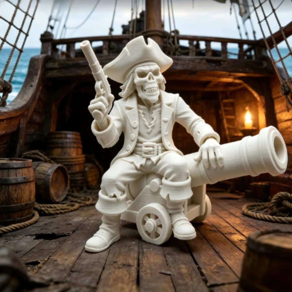 Mini Undead Skeleton Pirate Cannon Sculpture 3D‑Printed Nautical Sea Robber Statue Gothic Pirate Figure Ornament Halloween Decor
