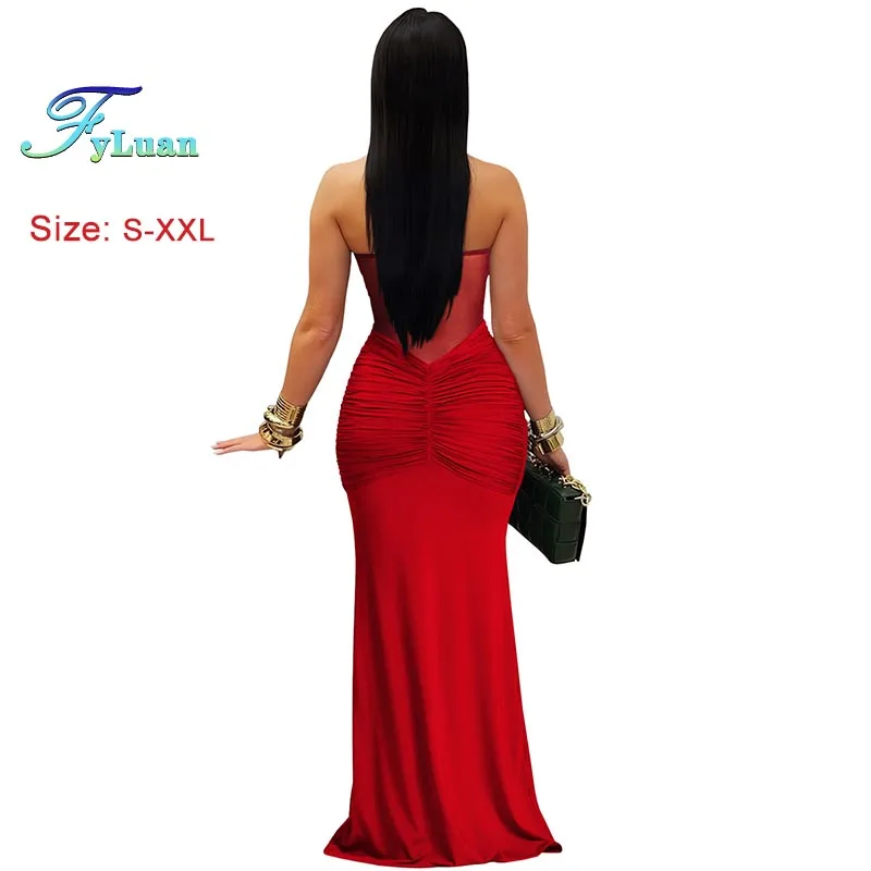 New Fashion Women Clothing Sexy Nightclub Party Long Dress Sheer Mesh Halter Dress Solid Color Sleeveless Backless Cocktail Gown