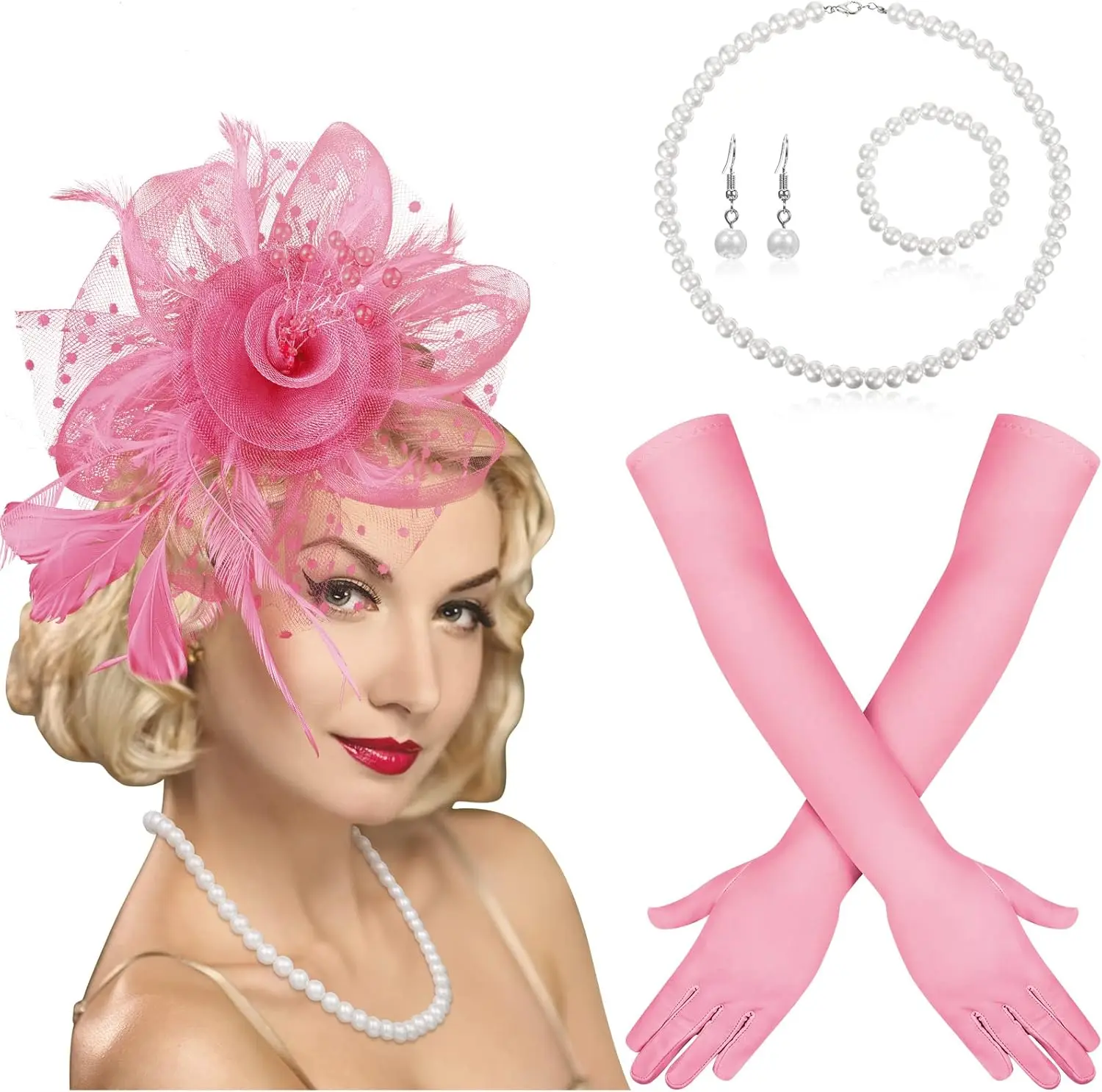 

5 Pcs Tea Party Accessories Set Fascinator Hat Feather Gloves Veil Headband Derby Cocktail