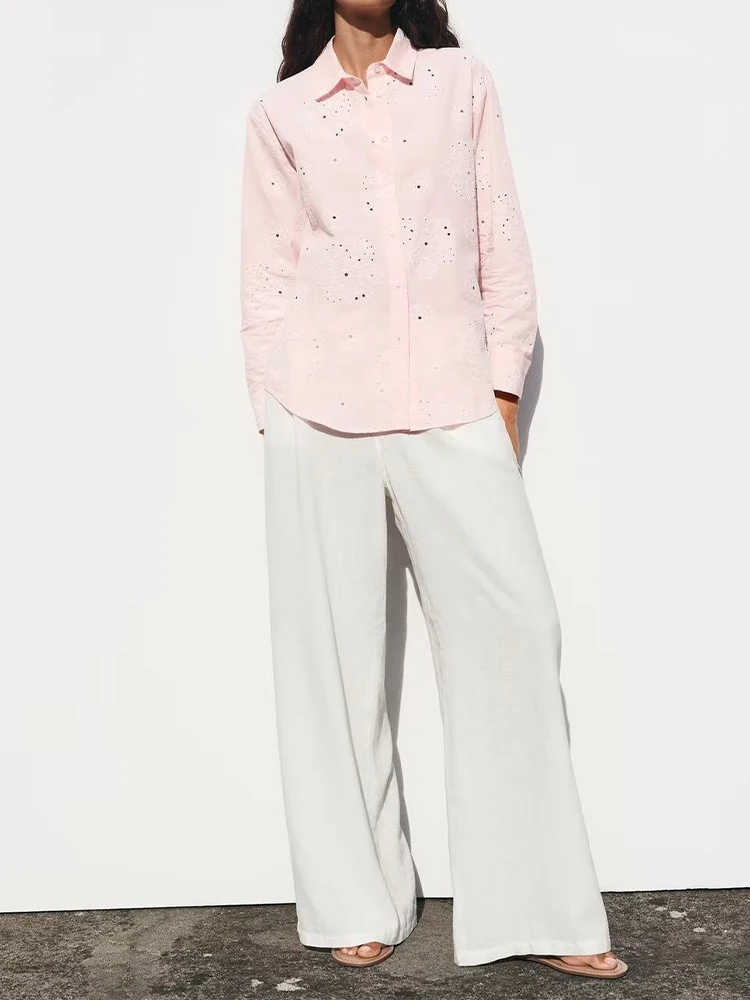 

Летние новинки в европейском и американском стиле, женская одежда, клейкая вышивка, модная рубашка с длинными рукавами и лацканами