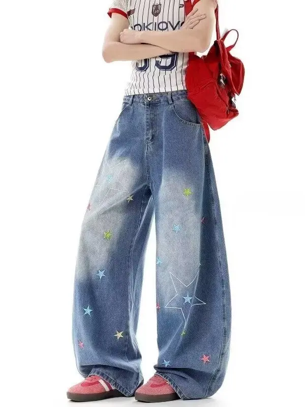 Calça Jeans Unissex Retrô com Bordado Estrela Dopaamine, Perna Larga, Casual de Outono, Caimento Solto, Fechamento com Zíper,...