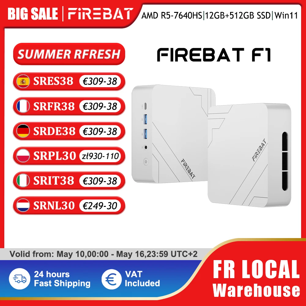 Firebat Mini PC F1 AMD Ryzen 5 7640HS Ordinateur de bureau de jeu 12 Go DDR5 512 Go SSD Windows 11 pro Wi-Fi 6 USB4.0 Ordinateur compact