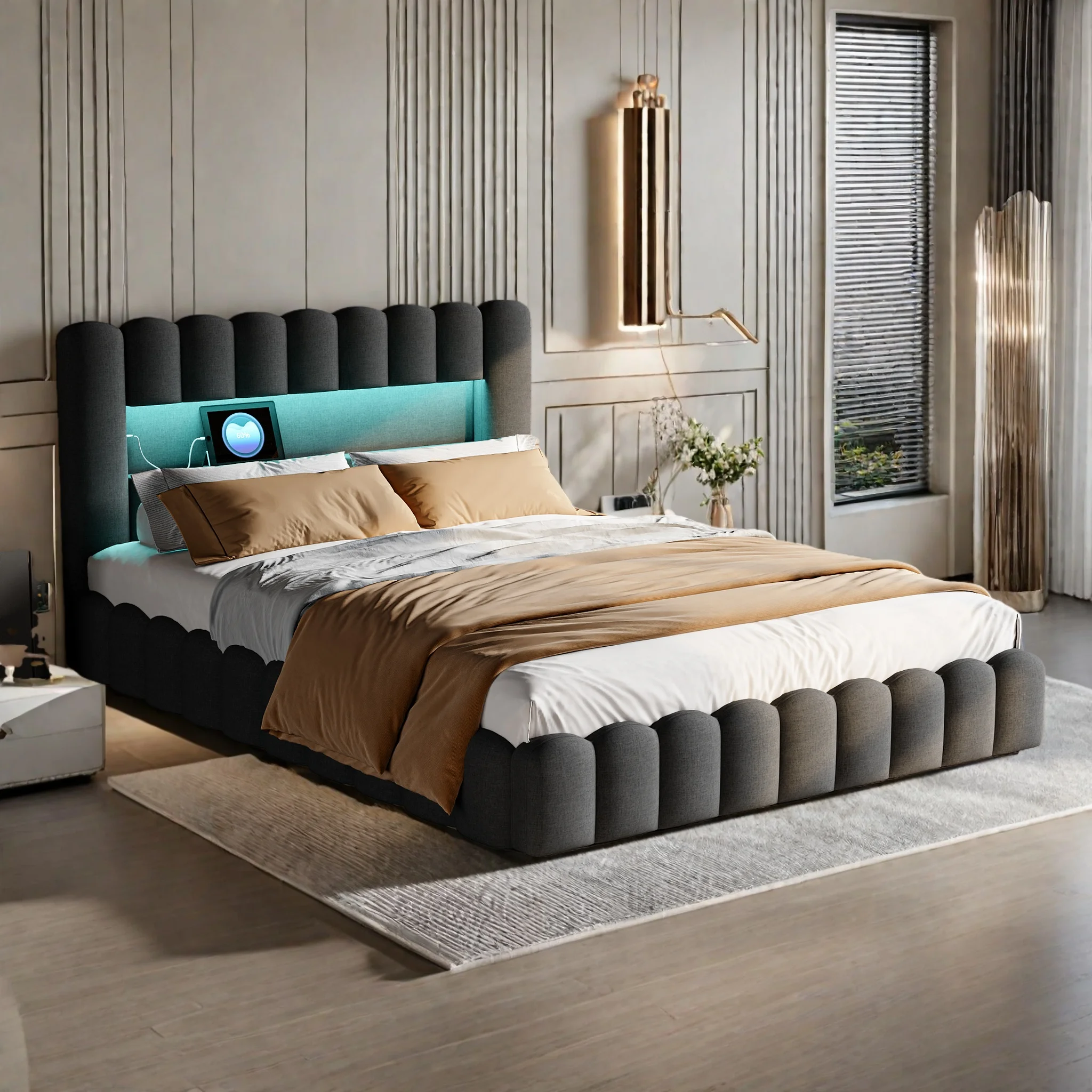 Anajqaqia 180x200cm Doppelbett mit Stauraum, LED-Beleuchtung, Pneumatischer Hebevorrichtung, Grau