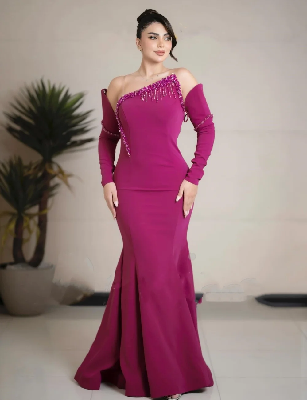 

Customized Pastrol Jersey Pleat Sequined Trumpet Off-the-shoulder Long Dresses Bespoke Occasion Quinceanera Exquisite