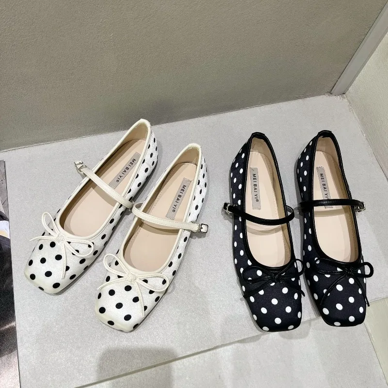 

Women Shoes French Style Polka Dot Mary Jane Shoes Temperament Square Head Shallow Mouth Single Shoes Fashion Women Ballet Flats