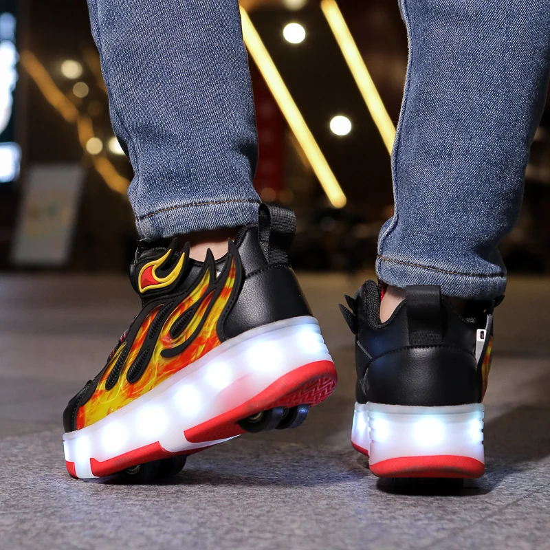 2025 New Children's Four-Wheel Novice Light Up Rotary Button Automatic Shrinkage Fast Walking Shoes for Boys Sneakers