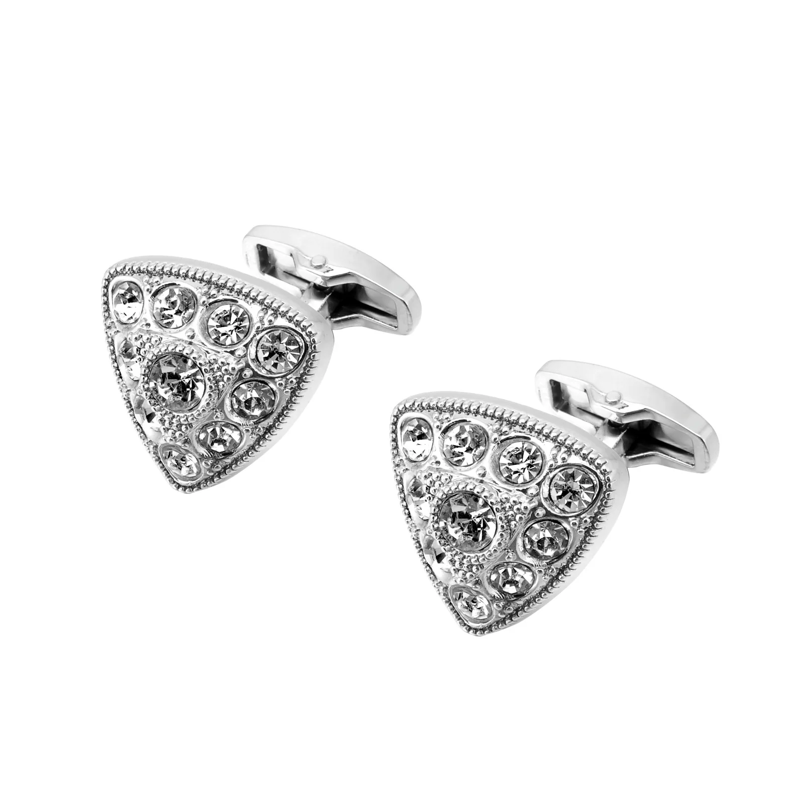 Men's French Cufflinks Full Rhinestone White & Blue Crystal Simple Round Triangle Design Business Dress Cuff Links