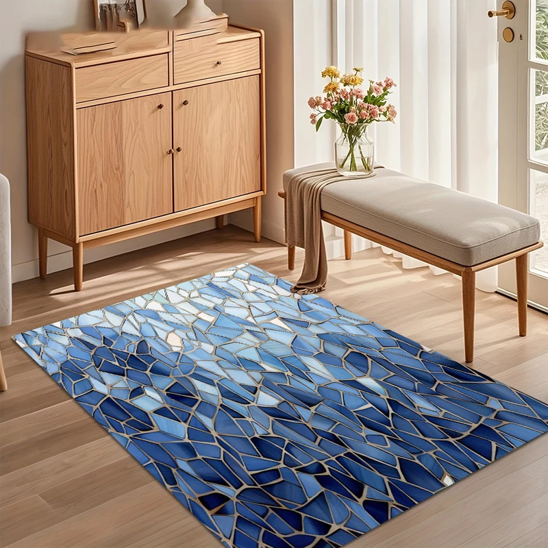 

Синий мозаичный ковер с нерегулярным узором, нескользящий, моющийся, для гостиной, спальни, прихожей