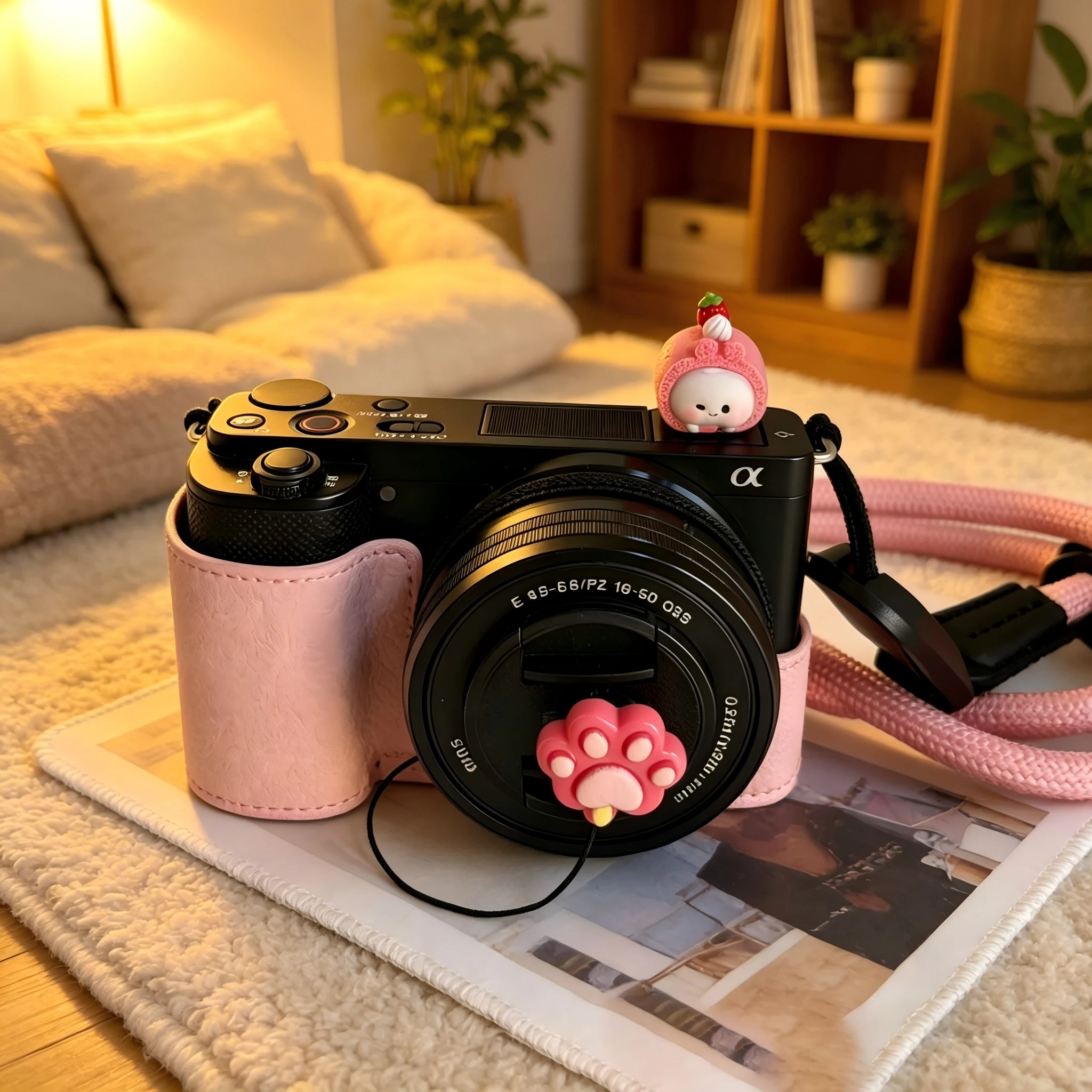 Cute Cartoon Hot Shoe Cover + Anti-Loss Strap Set, 3D Hot Shoe Cap Flash Protector & Lanyard for Sony Canon Fuji Nikon Leica
