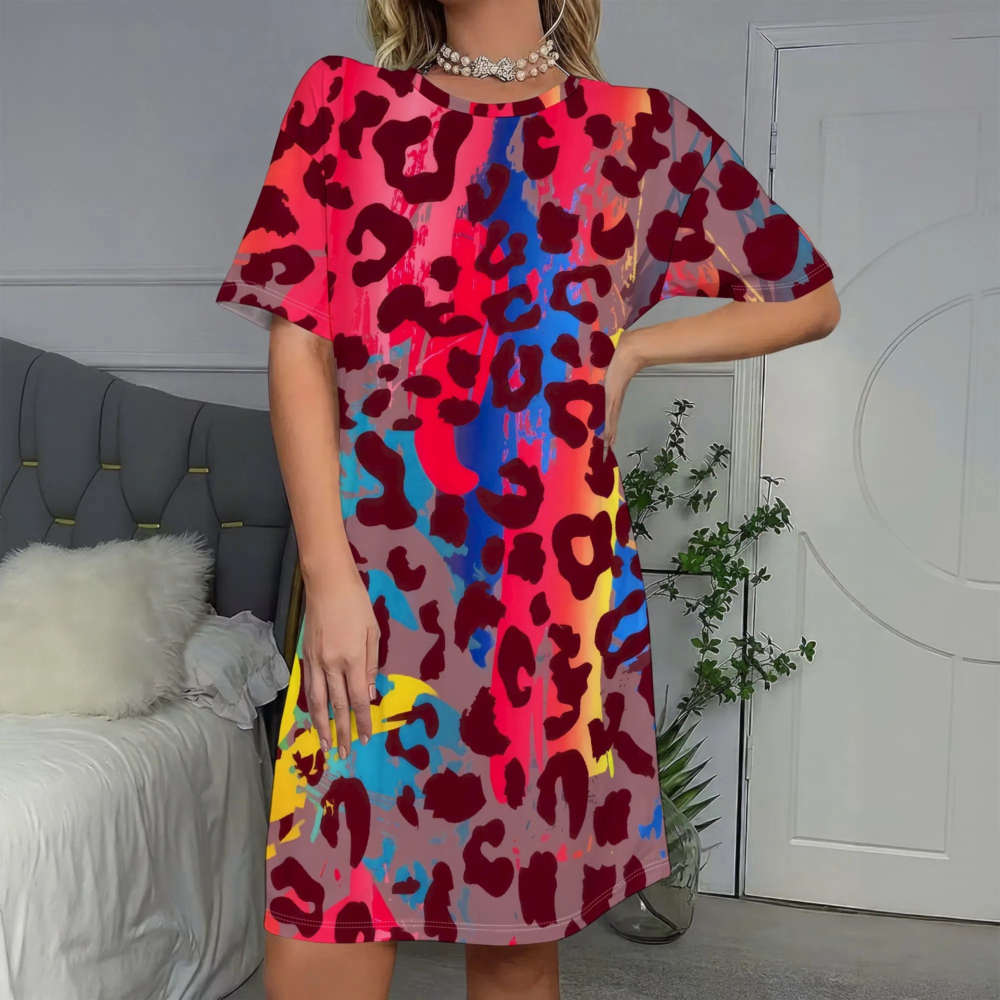

Bold Leopard Print, Short Sleeve Dress, Vibrant Pink Blue Yellow, Casual Summer Wear, Women's Fashion S-2XL
