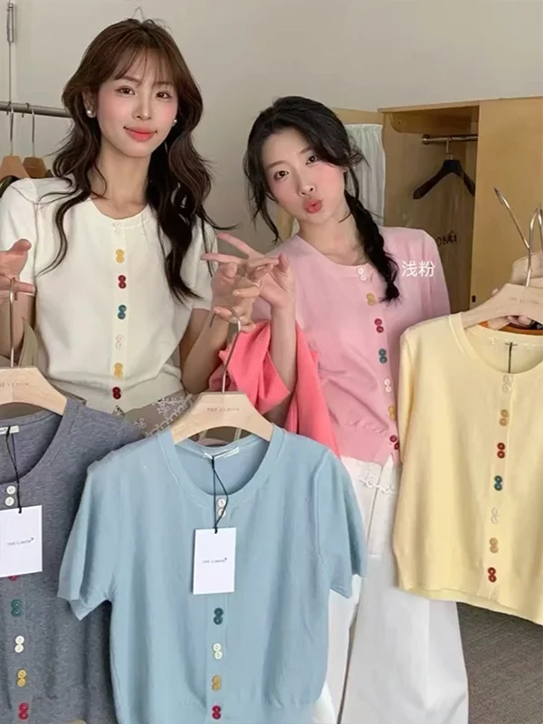 

Faionable Ice Silk Knitted ort Sve T-irt Women's Summer New Design Slim Fit ort Cardigan Top Soft Comfortable Poly...