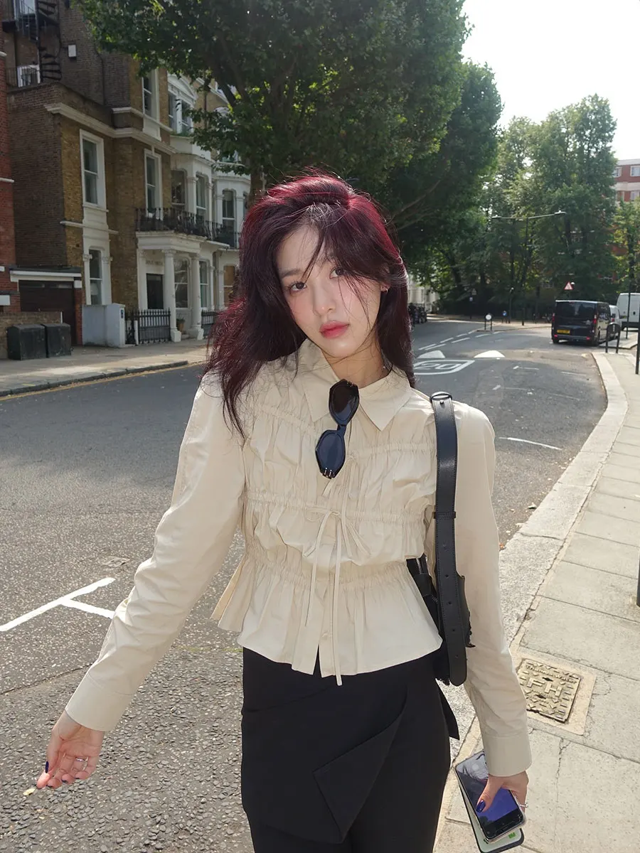 

Nok Xiaola Authentic Brand Sweet Tied Waist Pleated irt Корейский Sle Straight Cut Cotton Long Sve Ne