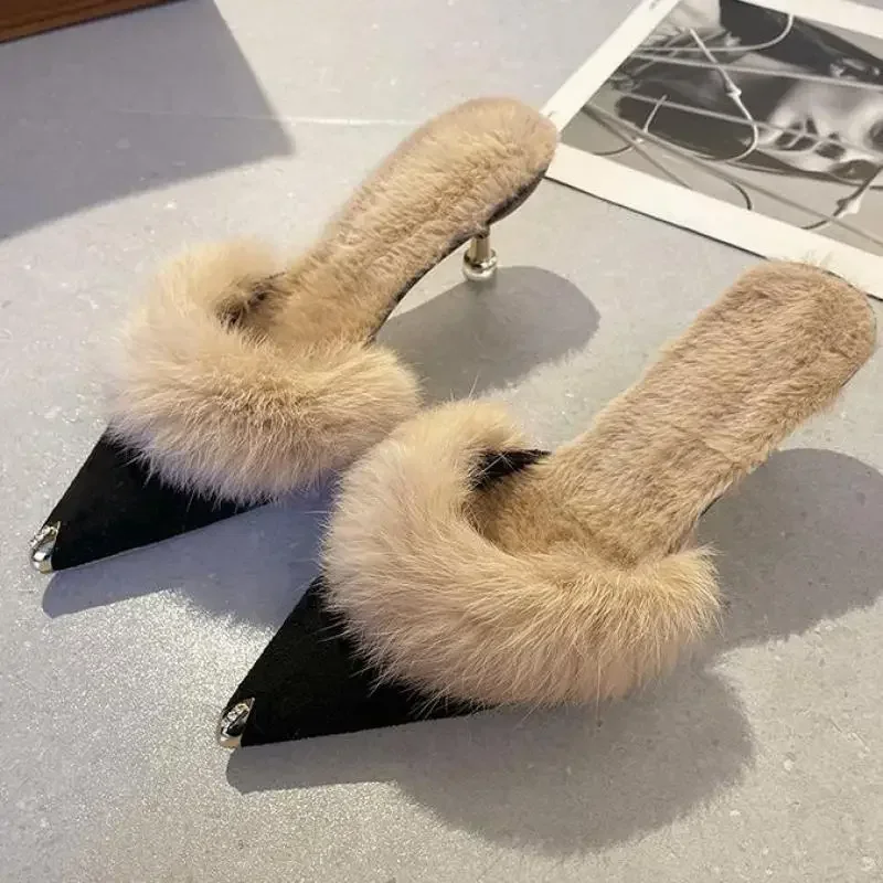 Fur Slippers Mules Pointed Toe Elegant High Heels Shoes Women\'s Autumn New Furry Slides Flip Flops Office Work Ytmtloy Indoor