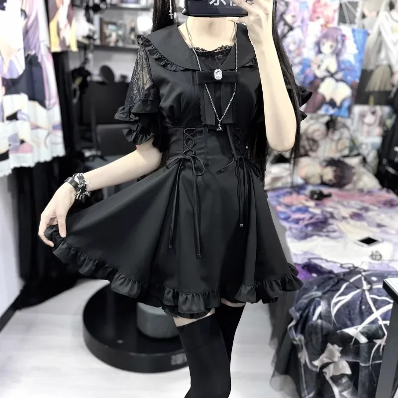 Summer 2024 Japanese Mine Series Lace Black Panel Sailor Collar Short Sleeves Waist-Controlled Mass-Produced Suit 2-Piece Sets