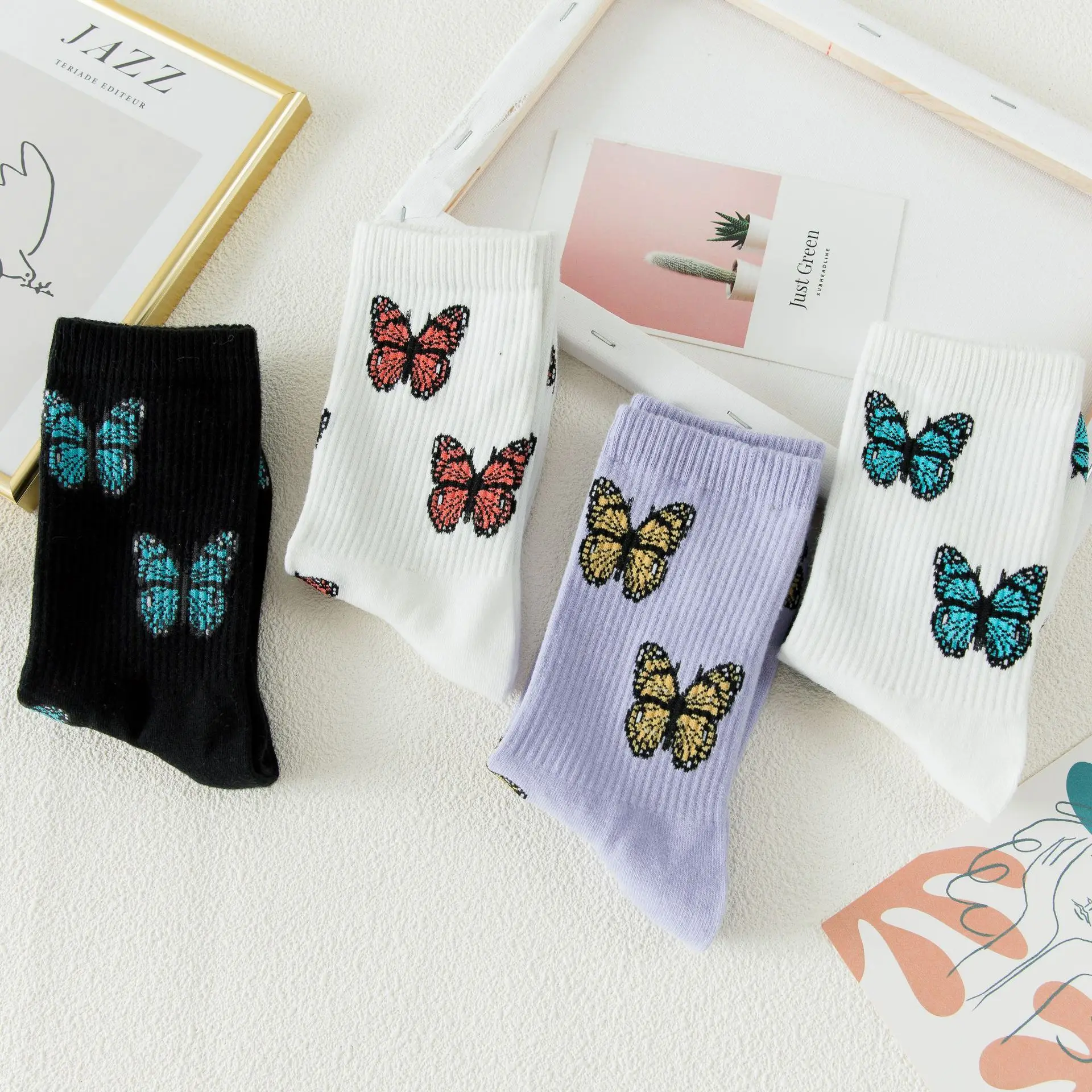 4 pairs lot pack women socks colorful butterfly ins korean style fashion tide trend cute lovely Japanese style cotton socks