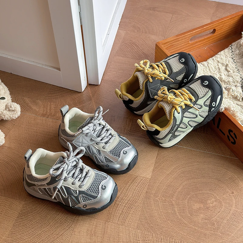 Toddler Kids Hiking Sneakers, Breathable Mesh Outdoor Trekking Shoes Lace Up Non-Slip Thick Sole Boys Girls Casual Walking Shoes