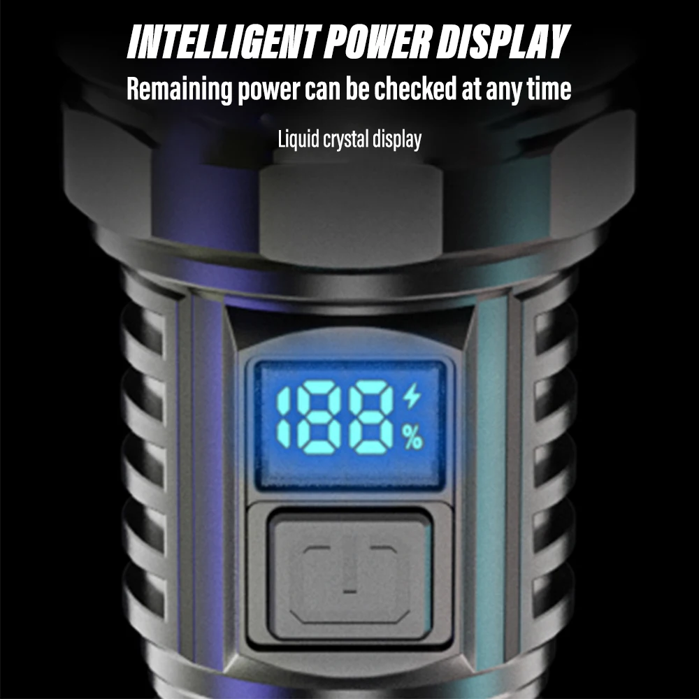 超高輝度充電式LED懐中電灯,ポータブルトーチ,屋外,キャンプ,スマート電気ディスプレイ付きライト