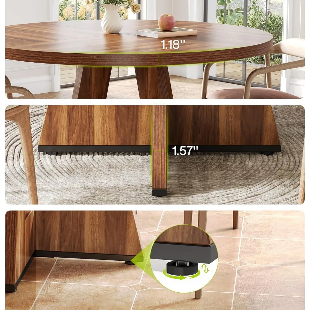 مقاعد طاولة طعام خشبية مستديرة 4-6، قاعدة بقاعدة بنية مقاس 47 بوصة، أثاث غرفة دائري