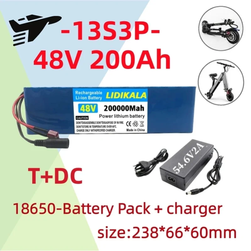 2026 Neues Modell 48V 200Ah 13S3P 1000W Wiederaufladbarer Lithium-Akku mit BMS-Schaltkreis & 54,6V Passendem Ladegerät, DC-Ausgangsleistungsbatterie für 48V Bürstenlosen Motor, Modifiziertes