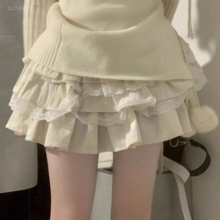 Fashion High Waist A-line Skirt For Women 2026 Spring Autumn New Beige White Skirts Y2k Ruched Ruffles All-match Faldas Mujer