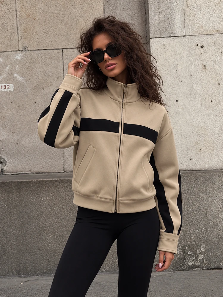 HH Women Fashion Vintage Striped Jacket Color Block Stand Collar Long Sleeve Casual Outerwear Spring Autumn Back To School Coat
