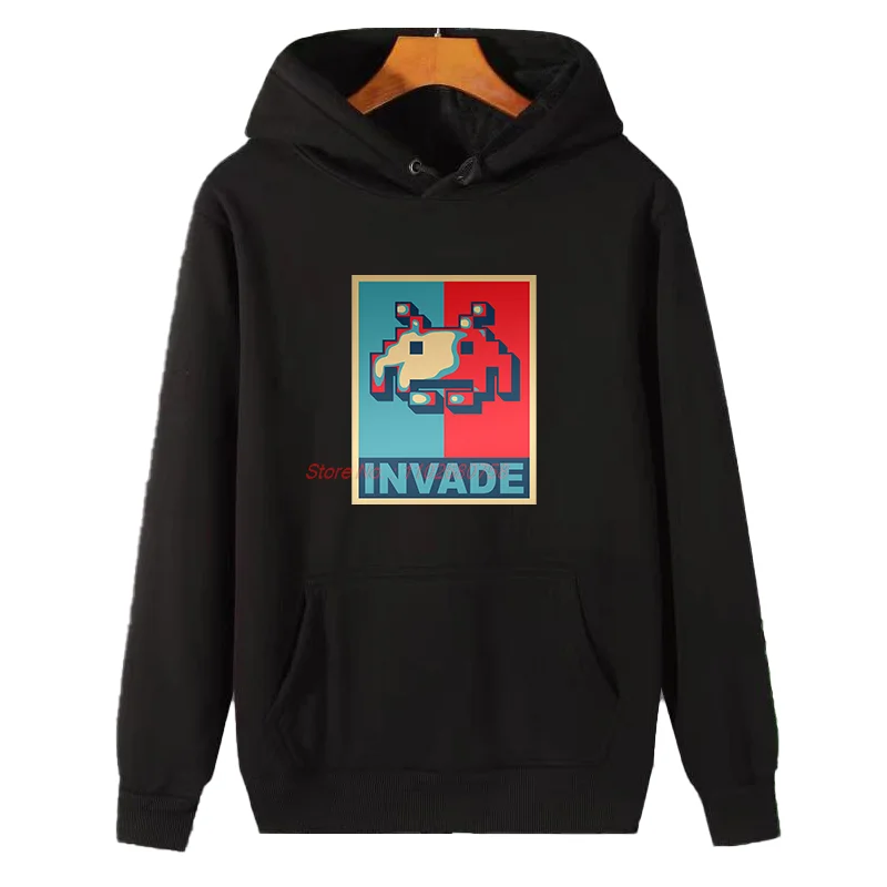Pixel Alien Fleece Hoodie Space Invaders Arcade Shooter Game  Graphic Hooded Sweatshirts Thick Sweater Hoodie Men's Sweat-Shirt