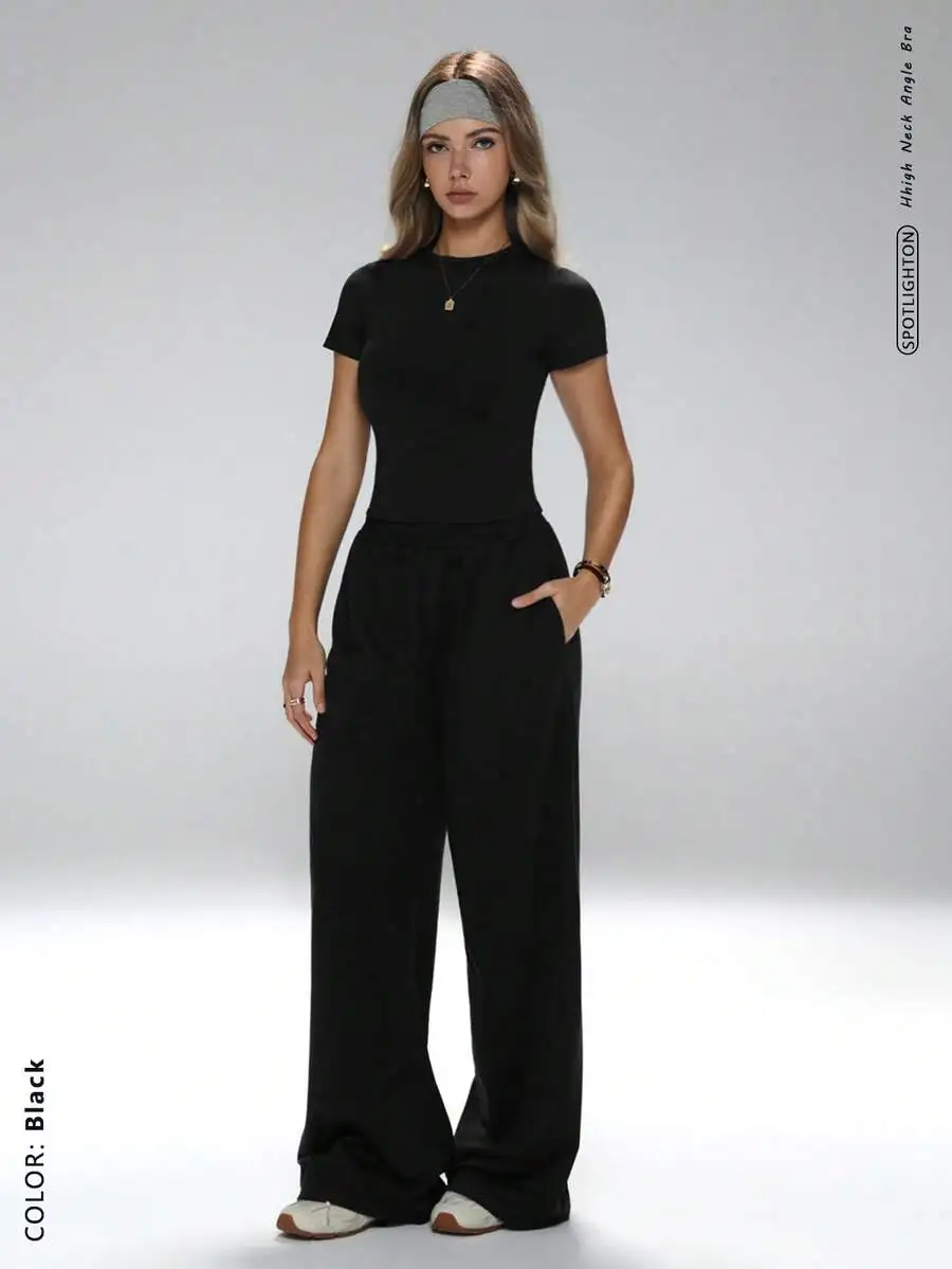 

2-Piece Set Black Crew Neck T-Shirt And Wide Leg Pants Minimalist Casual Sportswear