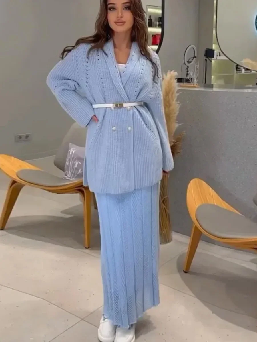 

Muslim Knitted Coat Women 2025 Autumn Winter Cardigan Morocco Dubai Saudi Arab Knitting Sweater Double Breasted Sashes Knitwear